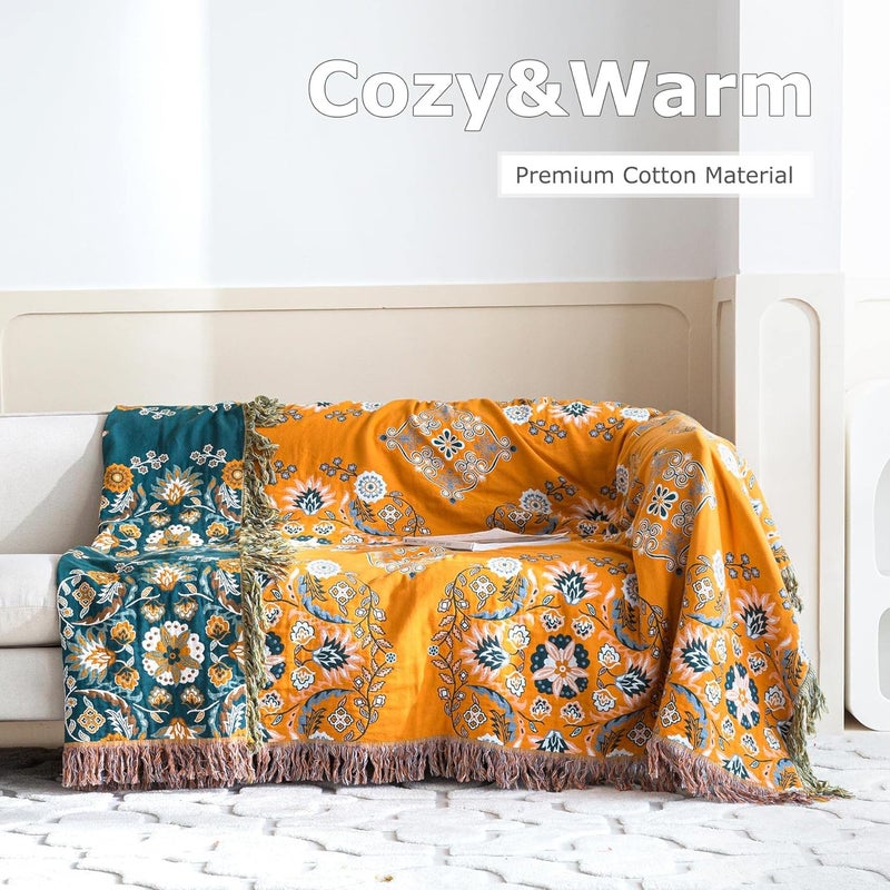 LUTBM Boho Throw Blanket for Bed - 100% Cotton Ultra Soft Rustic Quilt Fall Blanket - Floral Printed Farmhouse Decor Bed Blankets,90"×98" All Season Rustic Throw for Sofa Couch Chair - Image 4
