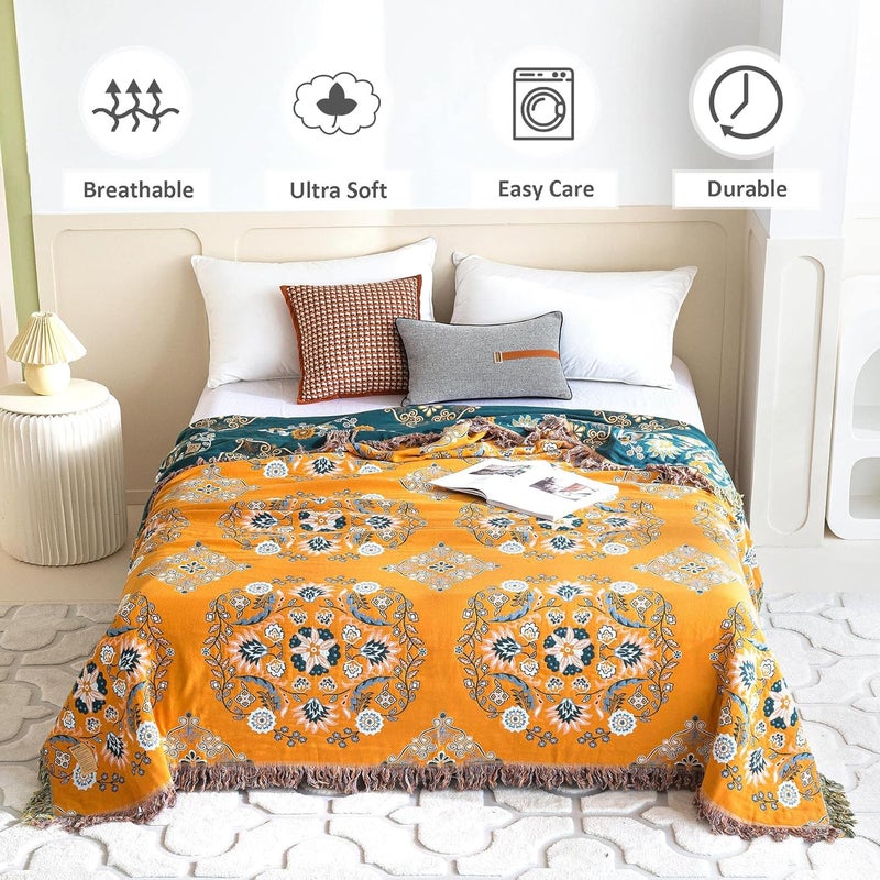 LUTBM Boho Throw Blanket for Bed - 100% Cotton Ultra Soft Rustic Quilt Fall Blanket - Floral Printed Farmhouse Decor Bed Blankets,90"×98" All Season Rustic Throw for Sofa Couch Chair - Image 2