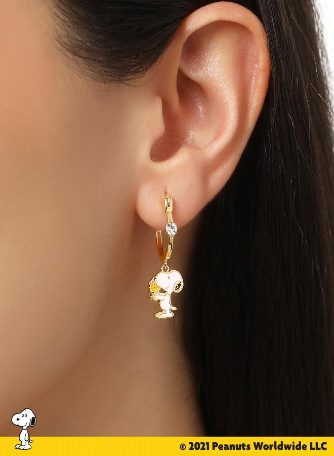 Peanuts Snoopy Earrings for Women 2 Pairs Official License, Gold-Tone Huggies and Hoops with Enamel Pendant Charm and Crystal Accent - Image 3