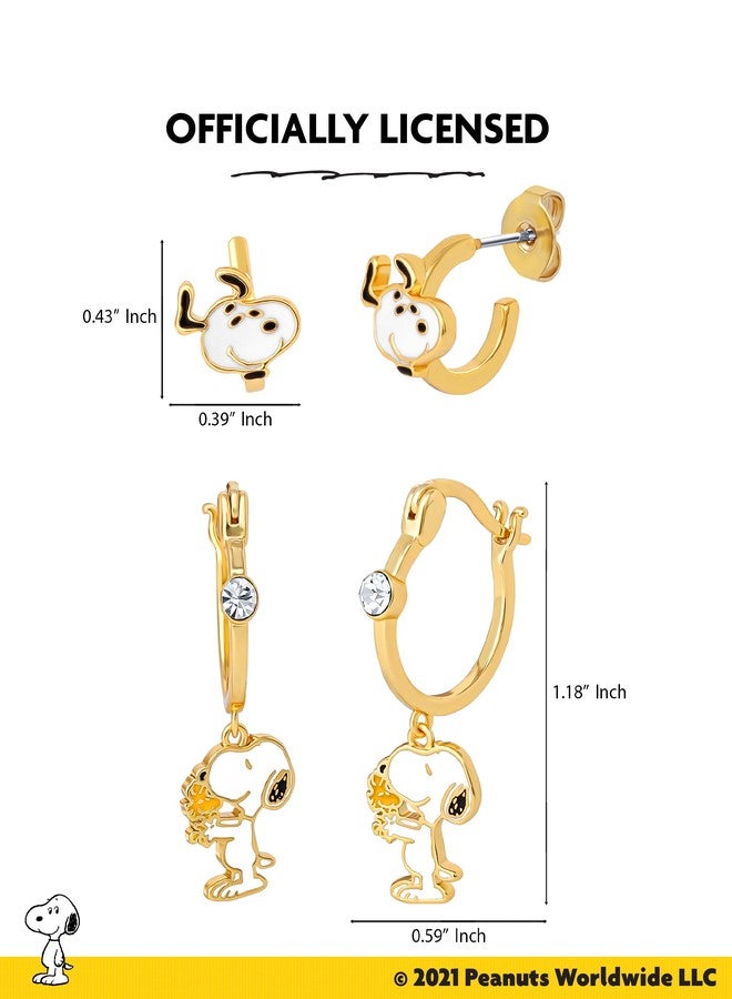 Peanuts Snoopy Earrings for Women 2 Pairs Official License, Gold-Tone Huggies and Hoops with Enamel Pendant Charm and Crystal Accent - Image 5
