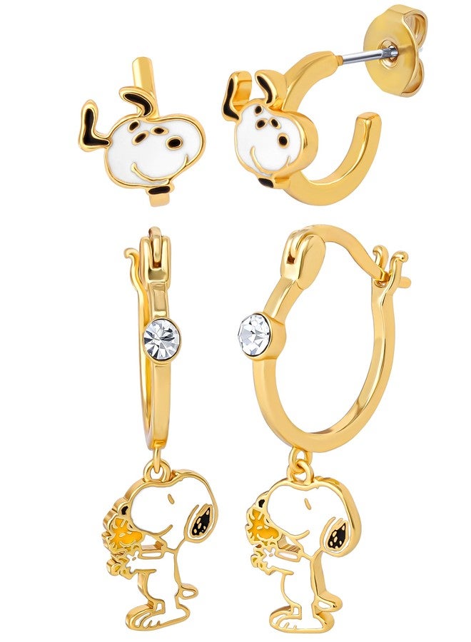 Peanuts Snoopy Earrings for Women 2 Pairs Official License, Gold-Tone Huggies and Hoops with Enamel Pendant Charm and Crystal Accent - Image 1