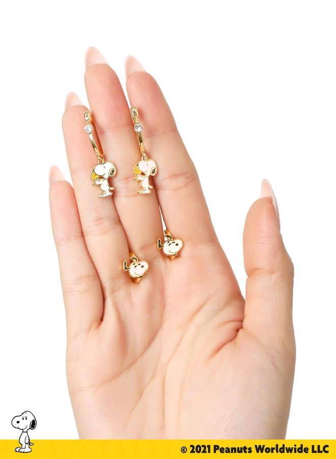 Peanuts Snoopy Earrings for Women 2 Pairs Official License, Gold-Tone Huggies and Hoops with Enamel Pendant Charm and Crystal Accent - Image 4
