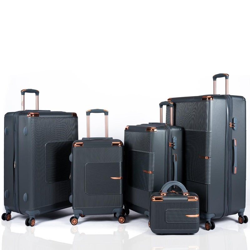 Luxury 5-piece hard-shell luggage and bridal trousseau set, made of durable ABS material, expandable, with a unique geometric design, dark gray. - Image 1