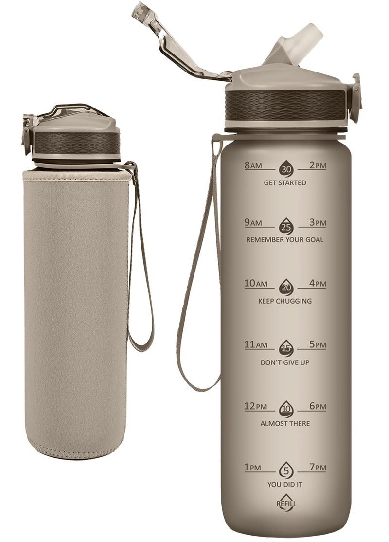 Newfad Water Bottle with Straw Motivational 32 oz Water Bottles with Time Marker  No Sweat Sleeve BPA Free Leak Proof Gym Bottle with Times to Drink