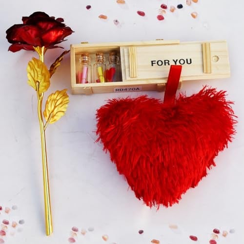 Saugat Traders Valentine Gift Combo for Girlfriend & Boyfriend Artificial Golden Red Rose, 7 Message Bottle Gift Set with Hanging Red Heart Soft Toy | Birthday | Anniversary - Image 1
