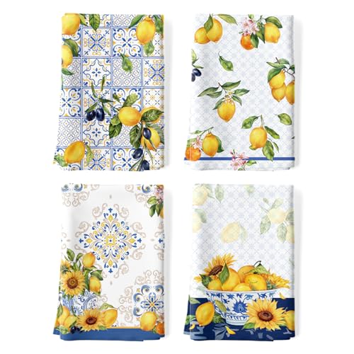 Arquiel Lemon Floral Tea Towels, Cotton Kitchen Towel 18.9 × 27.5 inch, Quick Drying Dish Cloth for Party Anniversary Holiday Decoration, Housewarming Gifts for Mom - Image 1