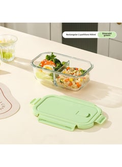 Long Glass Fresh-keeping Bowl Microwave Heatable Glass Bowl For Office Students With Meal Separated Lunch Box Lunch Box-Specifications:Rectangular 2 Partitions 900ml-emerald Green