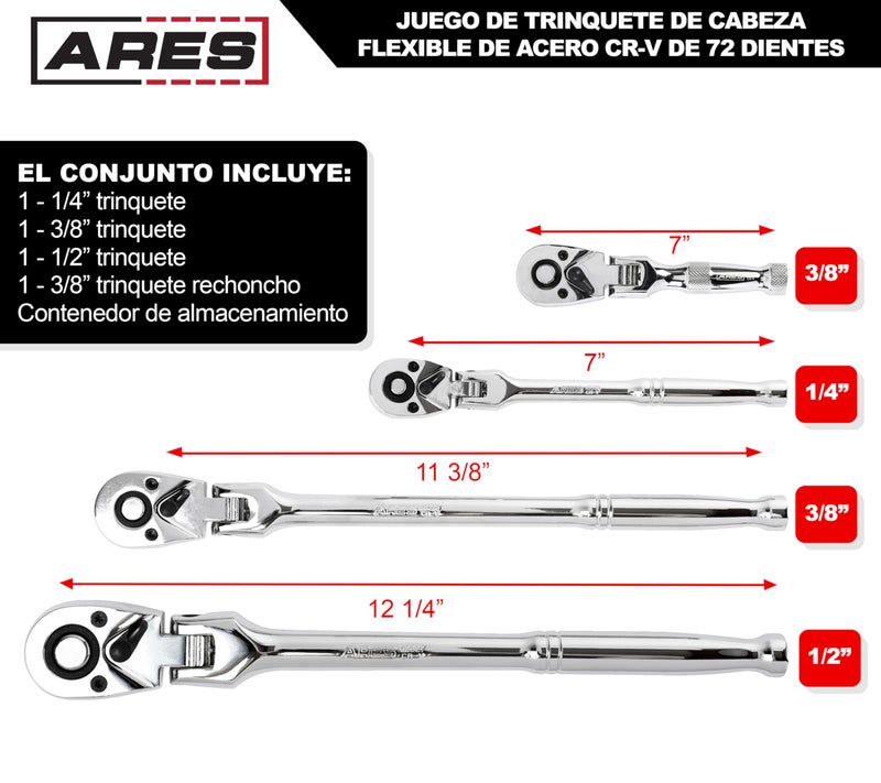 ARES 42040 - Flex Head Ratchet Set - 4-Piece 72-Tooth Ratchets - Premium Chrome Vanadium Steel Construction & Chrome Plated Finish - Quick Release Reversible Design with 5 Degree Swing - Image 2
