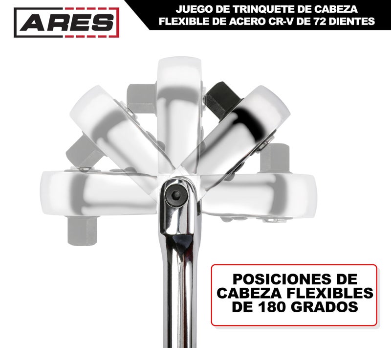 ARES 42040 - Flex Head Ratchet Set - 4-Piece 72-Tooth Ratchets - Premium Chrome Vanadium Steel Construction & Chrome Plated Finish - Quick Release Reversible Design with 5 Degree Swing - Image 3