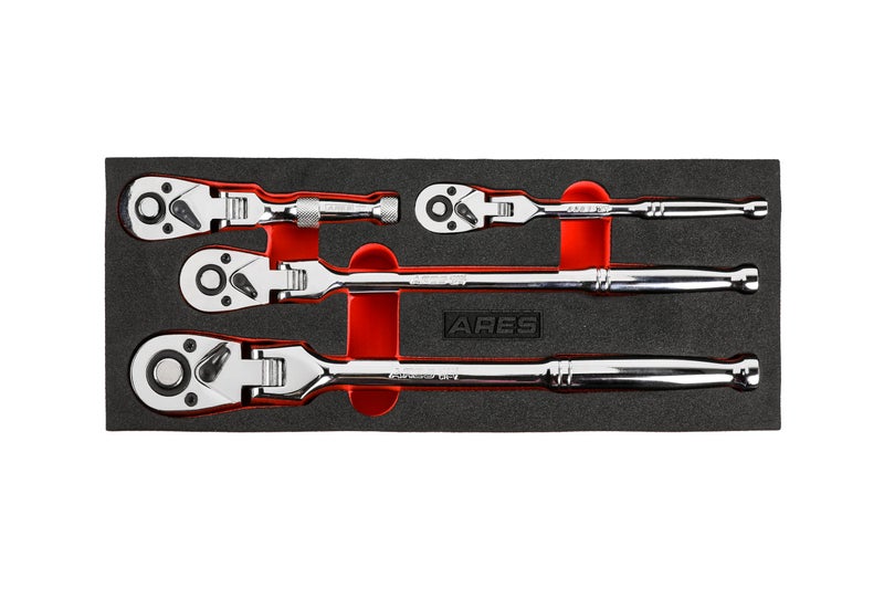 ARES 42040 - Flex Head Ratchet Set - 4-Piece 72-Tooth Ratchets - Premium Chrome Vanadium Steel Construction & Chrome Plated Finish - Quick Release Reversible Design with 5 Degree Swing - Image 1
