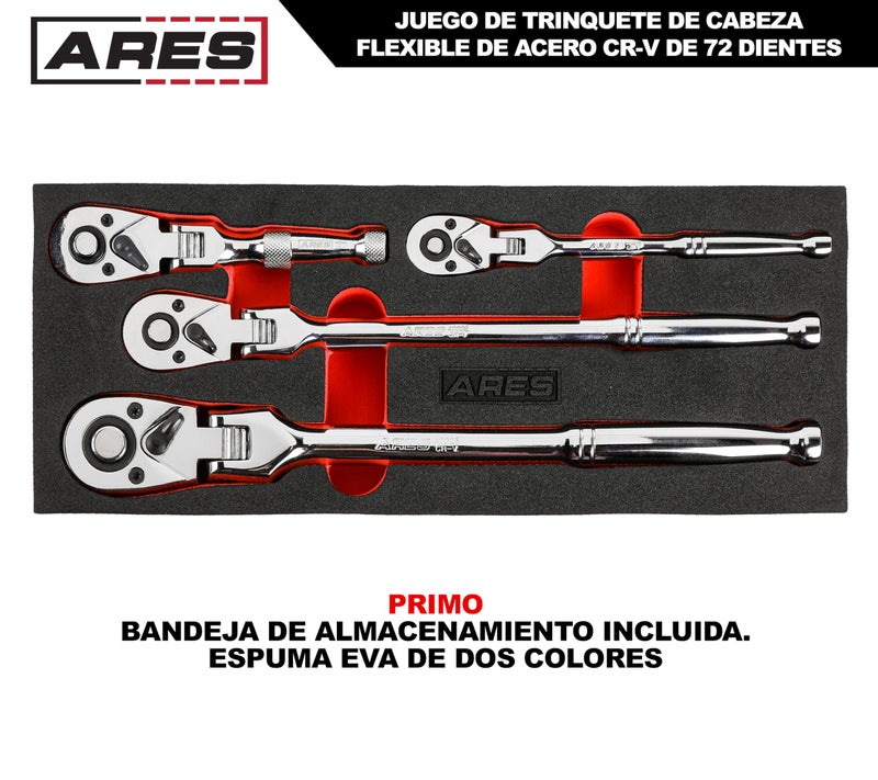 ARES 42040 - Flex Head Ratchet Set - 4-Piece 72-Tooth Ratchets - Premium Chrome Vanadium Steel Construction & Chrome Plated Finish - Quick Release Reversible Design with 5 Degree Swing - Image 5
