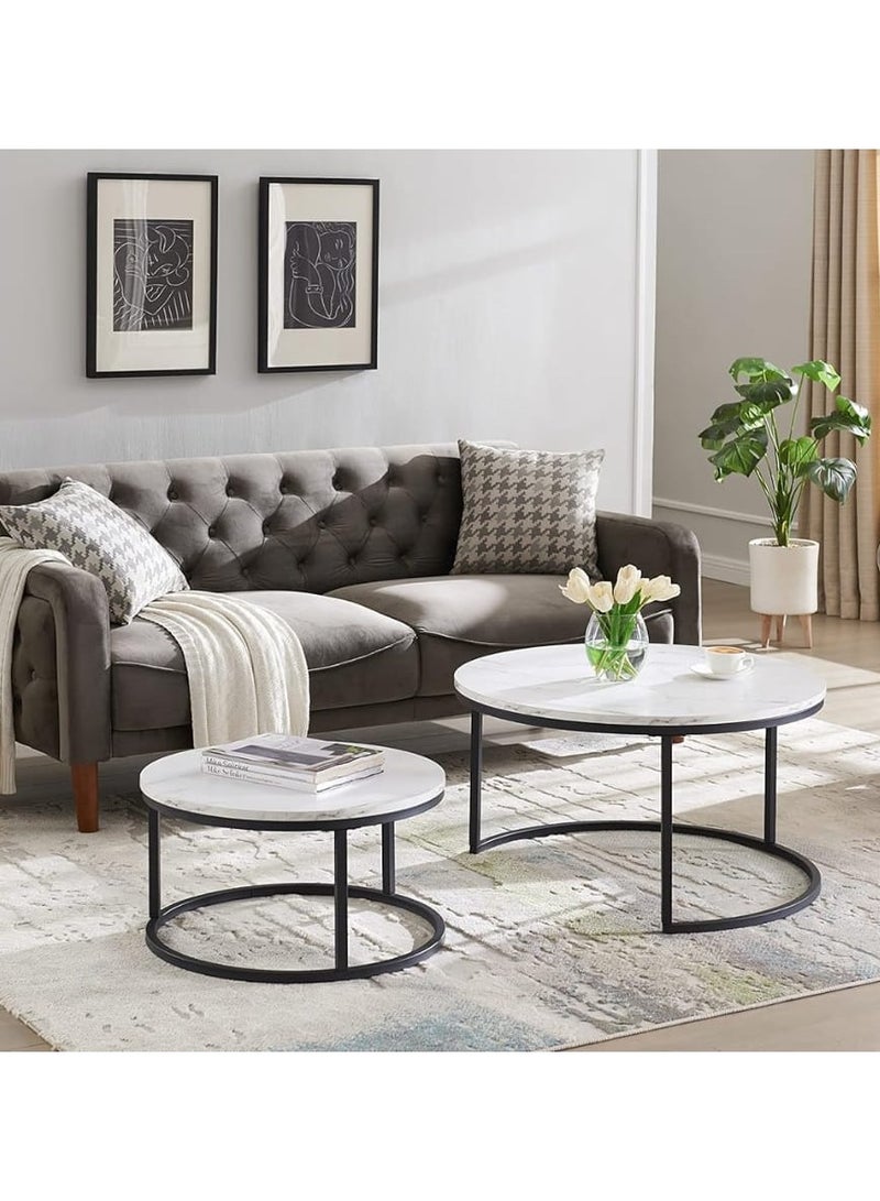 DubaiGallery طقم طاولات قهوة من 2 طاولة قابلة للتكديس بسطح MDF طاولة جانبية مستديرة مجموعة طاولات صغيرة طراز صناعي لطاولة جانبية مستديرة لغرفة المعيشة، الشرفة - Image 4