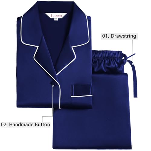 Lonxu Womens Silk Satin Pajamas Set Sleepwear Loungewear Navyblue M - Image 4