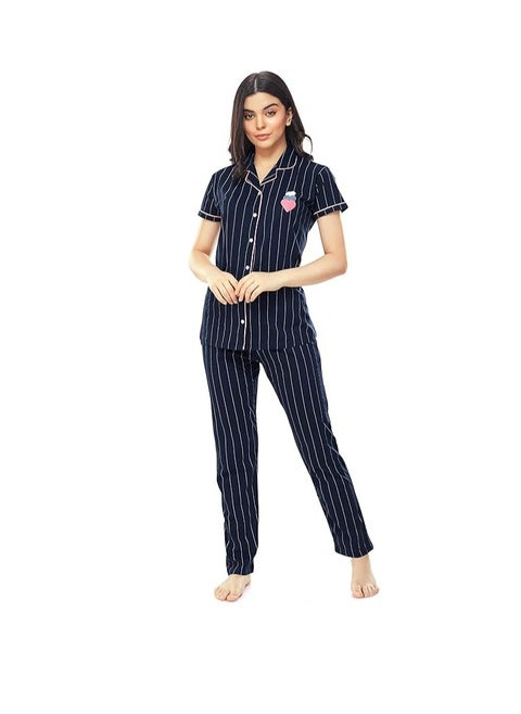 Women's Cotton Strip Printed Night Suit Set of Shirt & Pyjama