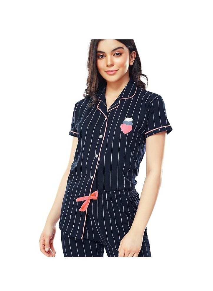 Women's Cotton Strip Printed Night Suit Set of Shirt & Pyjama
