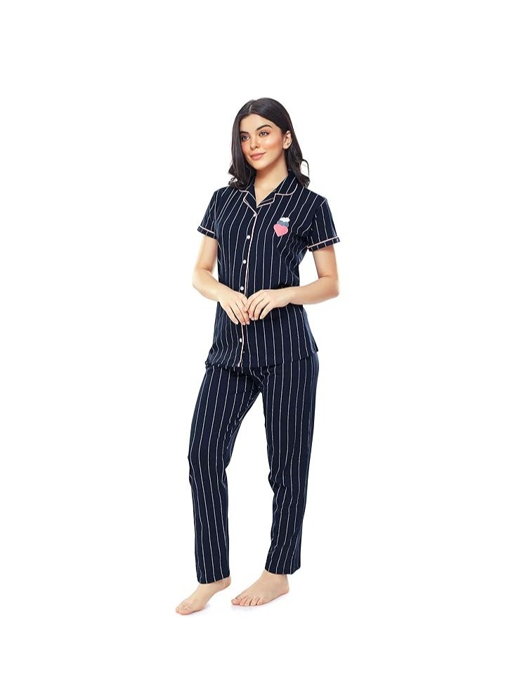 Women's Cotton Strip Printed Night Suit Set of Shirt & Pyjama