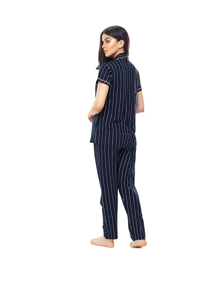 Women's Cotton Strip Printed Night Suit Set of Shirt & Pyjama