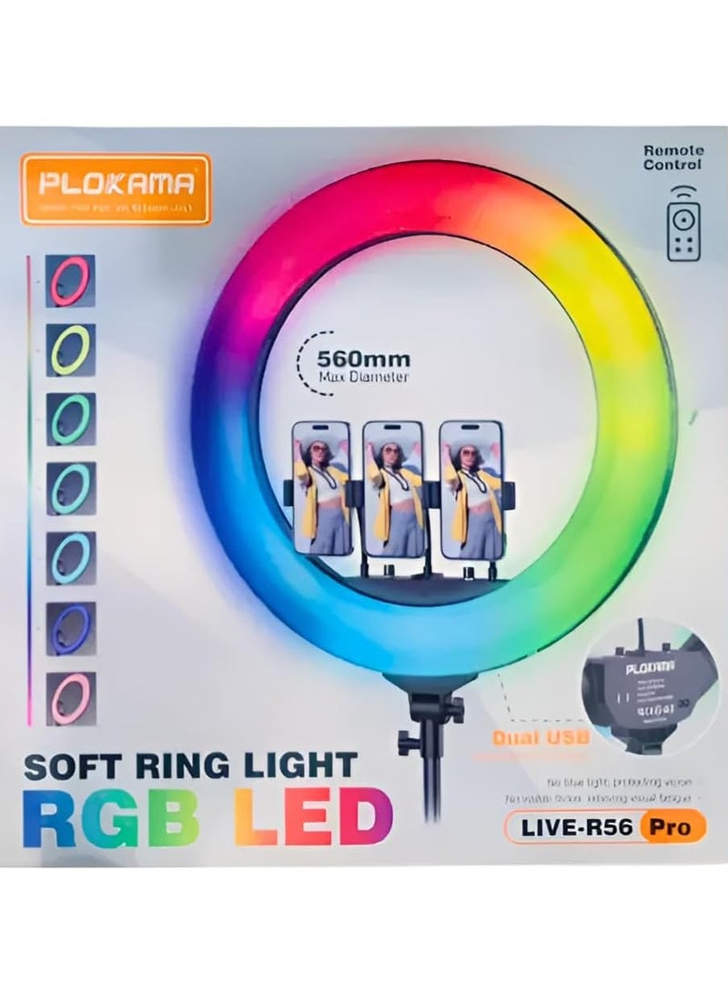 Plokama R56 Pro Soft LED RGB Ring Light 56cm - 360° Rotating Pan Tilt, Non-Slip Design, Wireless Remote Control, Eye Protection, Adjustable Brightness & Color Temperature - Image 3