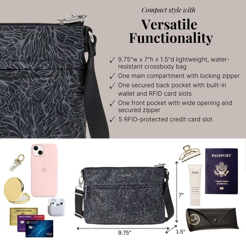 Baggallini womens SecurtexÂ® Anti-theft Memento Crossbody Bag Cross Body, Midnight Blossom, One Size US - Image 5