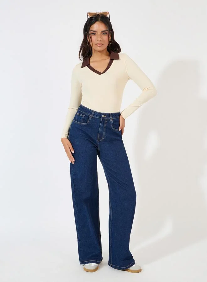 Styli Rib Knit Bodysuit with Contrast Collar