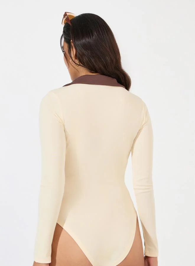 Styli Rib Knit Bodysuit with Contrast Collar