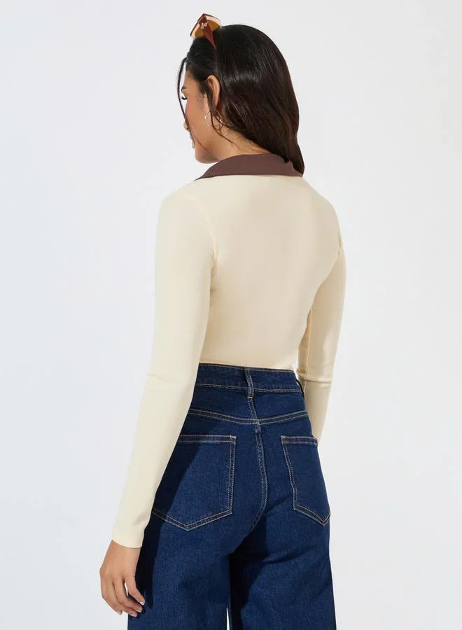 Styli Rib Knit Bodysuit with Contrast Collar