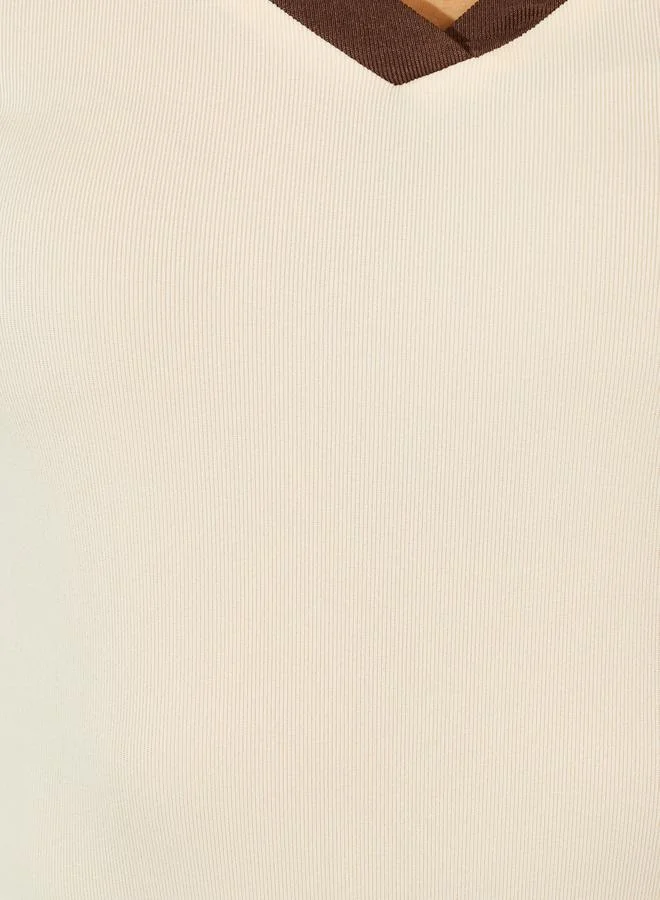 Styli Rib Knit Bodysuit with Contrast Collar