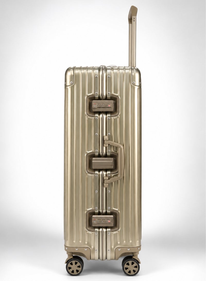 100% Genuine Full Aluminum Travel Suitcase featuring a premium aluminum shell, 360° dual spinner wheels, secure safety lock, telescopic handle, available in 20-inch and 28-inch sizes, offered in multiple colors, and includes a free silicone protective cover as a complimentary gift. - Image 4
