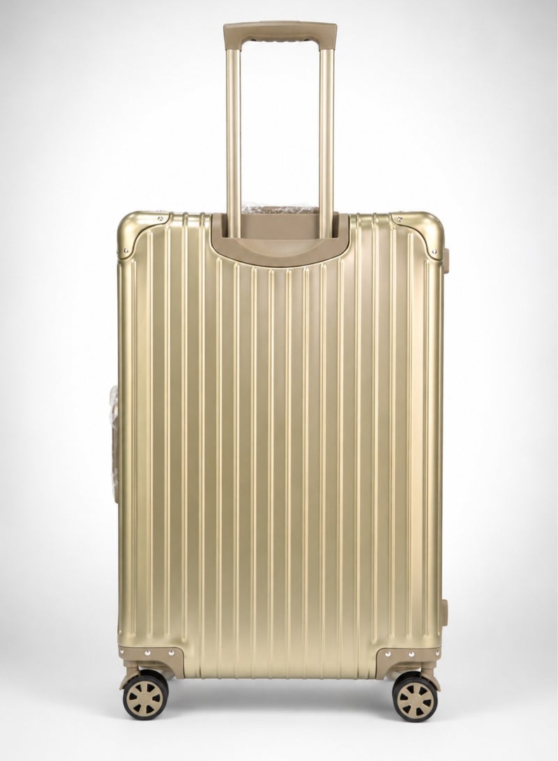 100% Genuine Full Aluminum Travel Suitcase featuring a premium aluminum shell, 360° dual spinner wheels, secure safety lock, telescopic handle, available in 20-inch and 28-inch sizes, offered in multiple colors, and includes a free silicone protective cover as a complimentary gift. - Image 5