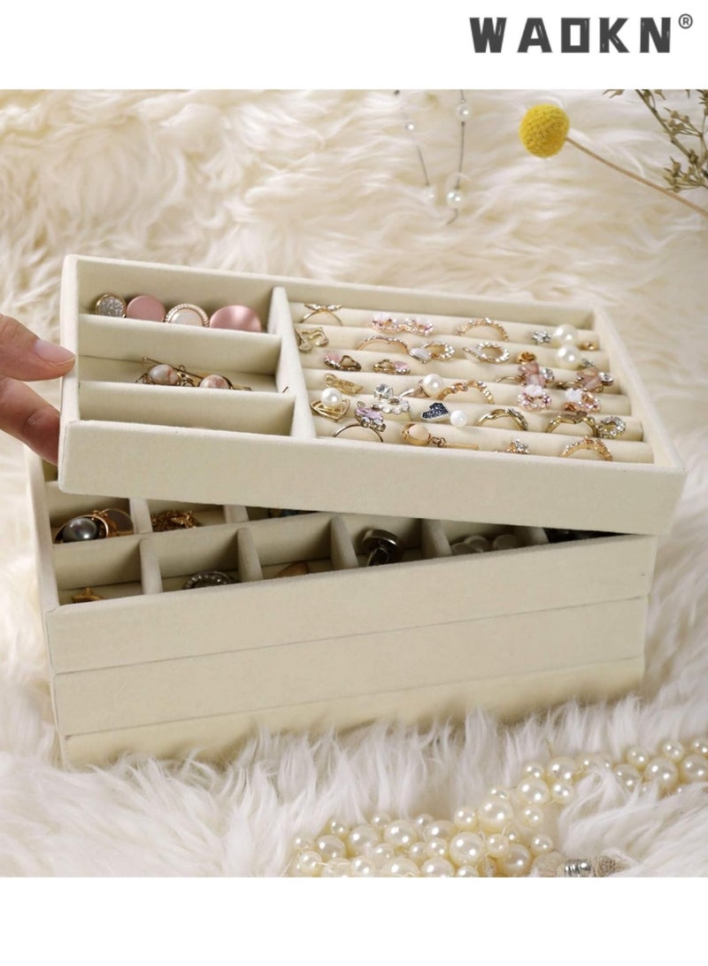دبليو أيه أو كي أن صواني مجوهرات مخملية قابلة للتكديس من WAOKN، منظمات صواني عرض المجوهرات لتخزين المجوهرات في الأدراج، منظم للأقراط والقلائد والأساور والخواتم، صواني منظمة للمجوهرات للأدراج، مجموعة صواني مجوهرات مخملية قابلة للتكديس للأدراج مكونة من 4، صندوق عرض وتخزين للمجوهرات، حامل عرض للأدراج للأقراط والقلائد والأساور والخواتم والاكسسوارات - Image 2