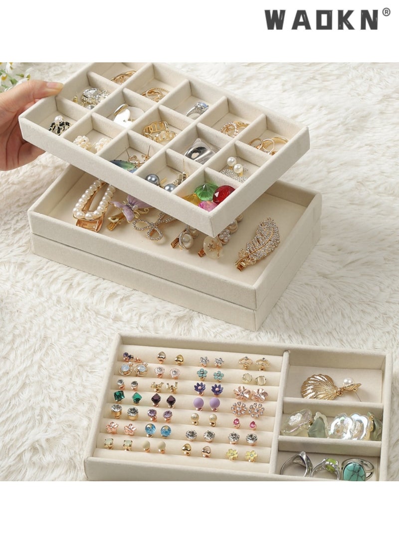 دبليو أيه أو كي أن صواني مجوهرات مخملية قابلة للتكديس من WAOKN، منظمات صواني عرض المجوهرات لتخزين المجوهرات في الأدراج، منظم للأقراط والقلائد والأساور والخواتم، صواني منظمة للمجوهرات للأدراج، مجموعة صواني مجوهرات مخملية قابلة للتكديس للأدراج مكونة من 4، صندوق عرض وتخزين للمجوهرات، حامل عرض للأدراج للأقراط والقلائد والأساور والخواتم والاكسسوارات - Image 3