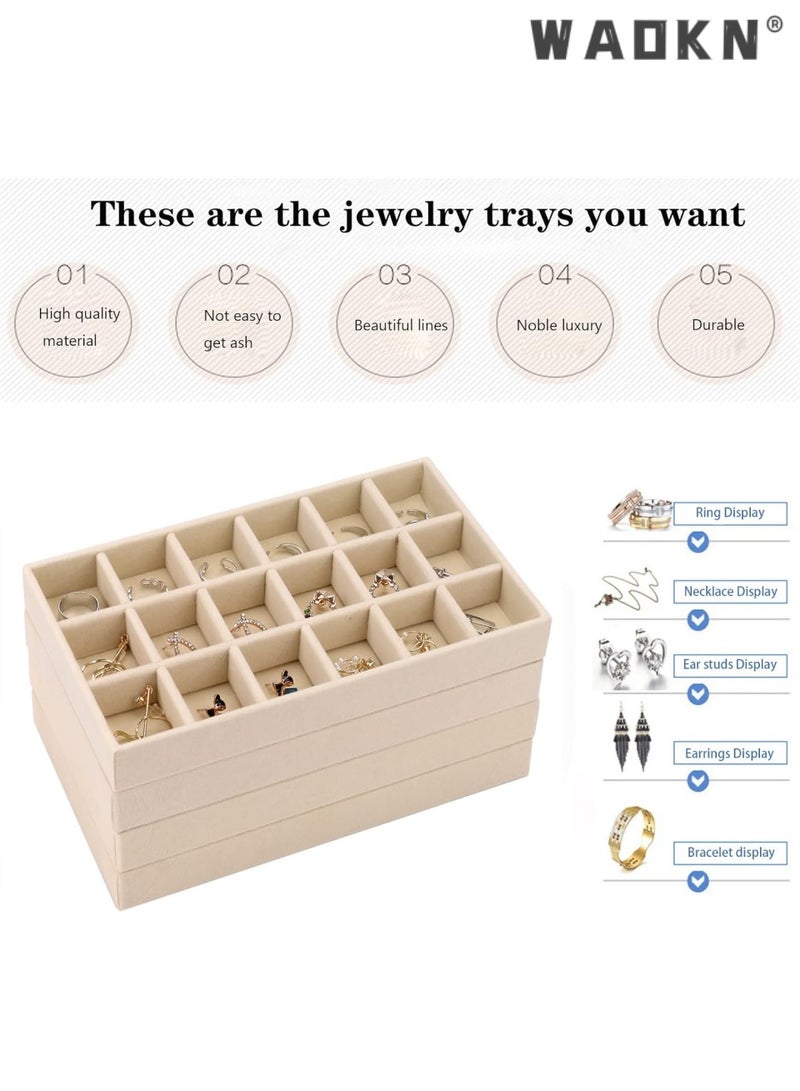 دبليو أيه أو كي أن صواني مجوهرات مخملية قابلة للتكديس من WAOKN، منظمات صواني عرض المجوهرات لتخزين المجوهرات في الأدراج، منظم للأقراط والقلائد والأساور والخواتم، صواني منظمة للمجوهرات للأدراج، مجموعة صواني مجوهرات مخملية قابلة للتكديس للأدراج مكونة من 4، صندوق عرض وتخزين للمجوهرات، حامل عرض للأدراج للأقراط والقلائد والأساور والخواتم والاكسسوارات - Image 4