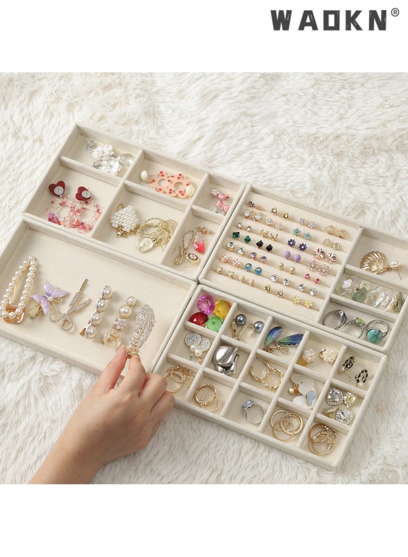 دبليو أيه أو كي أن صواني مجوهرات مخملية قابلة للتكديس من WAOKN، منظمات صواني عرض المجوهرات لتخزين المجوهرات في الأدراج، منظم للأقراط والقلائد والأساور والخواتم، صواني منظمة للمجوهرات للأدراج، مجموعة صواني مجوهرات مخملية قابلة للتكديس للأدراج مكونة من 4، صندوق عرض وتخزين للمجوهرات، حامل عرض للأدراج للأقراط والقلائد والأساور والخواتم والاكسسوارات - Image 1