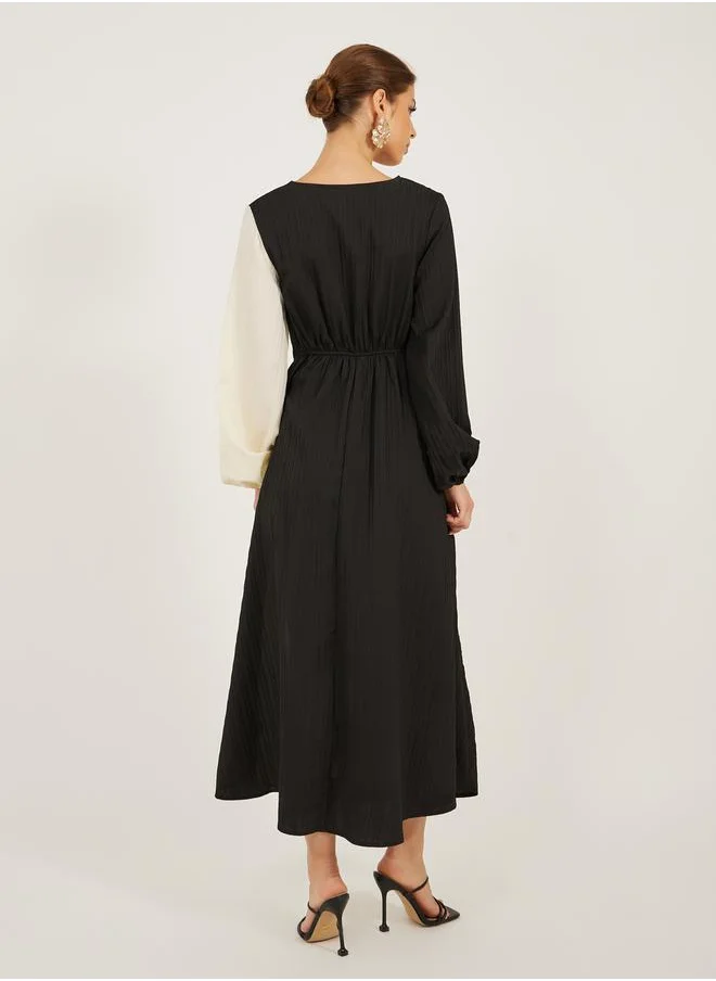 Styli Color Block Long Sleeves A-Line Maxi Dress