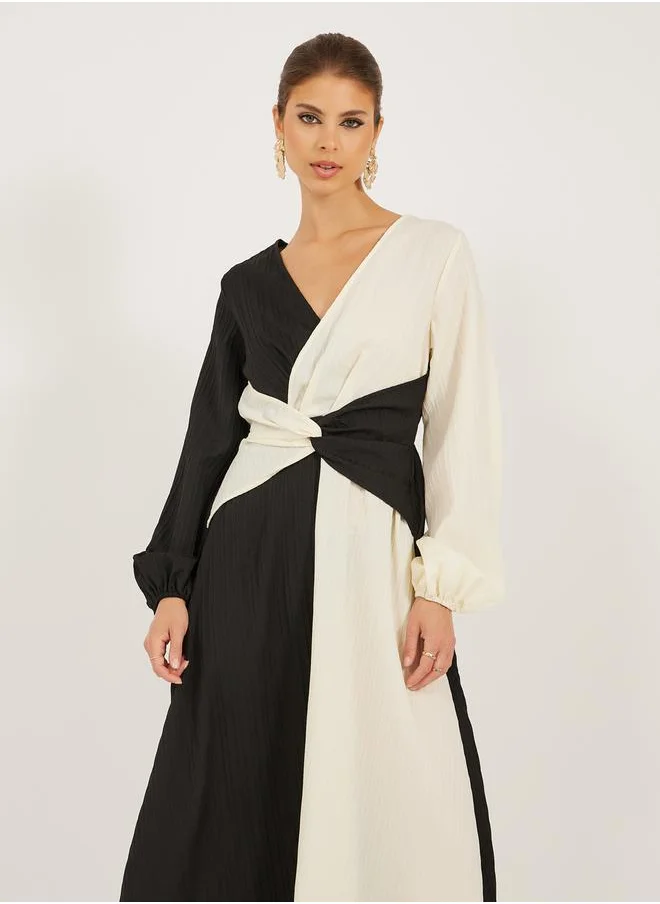 Styli Color Block Long Sleeves A-Line Maxi Dress