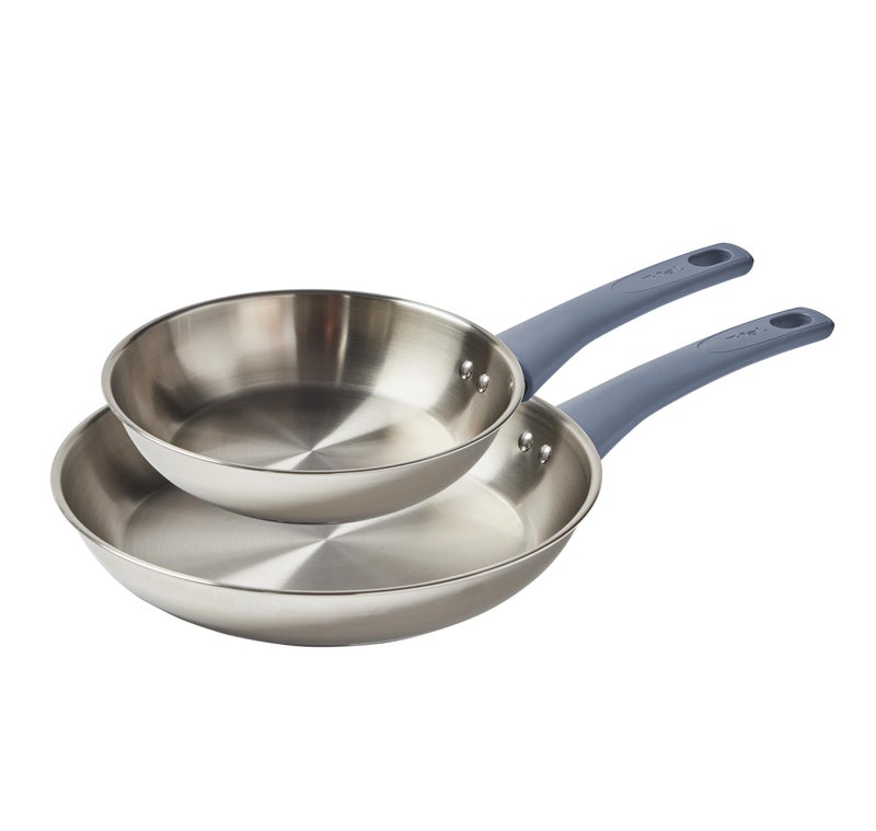 Tfal Essentials Stainless Steel Cookware Set 2Piece 8 and 105 Induction Compatible Oven Safe 350F Pots and Pans Set Cooking Skillets Cookware Kitchen Frying Pans SilverBlue