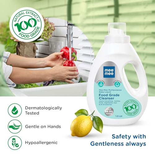 Mee Mee Food Grade Liquid Cleanser 1.5 L | Anti-Bacterial, Kills 99.9% Germs, 100% Natural Formula | For Baby Bottles, Accessories, Toys, Fruits & Veggies | One Drop Cleaning, Dermatologically Tested - Image 4