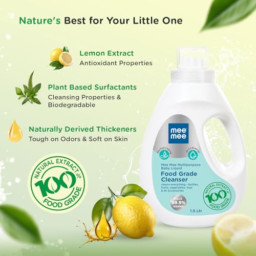 Mee Mee Food Grade Liquid Cleanser 1.5 L | Anti-Bacterial, Kills 99.9% Germs, 100% Natural Formula | For Baby Bottles, Accessories, Toys, Fruits & Veggies | One Drop Cleaning, Dermatologically Tested - Image 2