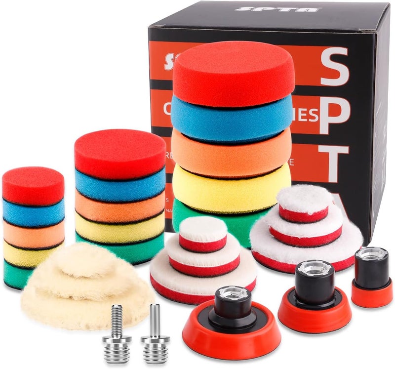 SPTA 29pcs Drill Buffing Pad Detail Polishing Pad Mix Size Kit with 5/8-11 Thread Backing pad & Adapters for Car Sanding, Polishing, Waxing (29Pcs Mini Polishing Pad Set2) - Image 1