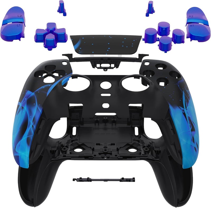 eXtremeRate مجموعة كاملة من غلاف الهيكل مع الأزرار وغطاء لوحة اللمس متوافقة مع وحدة تحكم PS5 Edge، غلاف زخرفي بديل لهب أزرق للألواح الأمامية والخلفية متوافقة مع وحدة تحكم PS5 Edge - Image 1