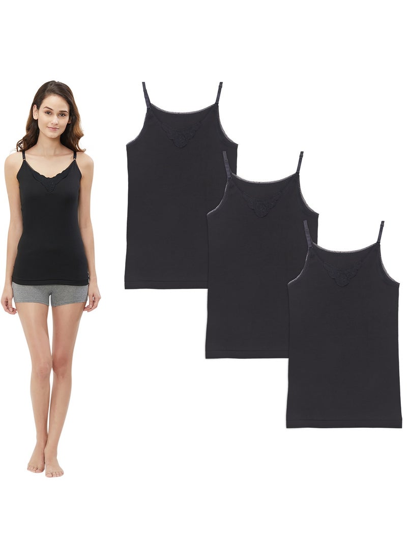BYC WOMEN'S ADJUSTABLE STRAP COTTON CAMISOLE (PACK OF 3) - BLACK  - Image 1