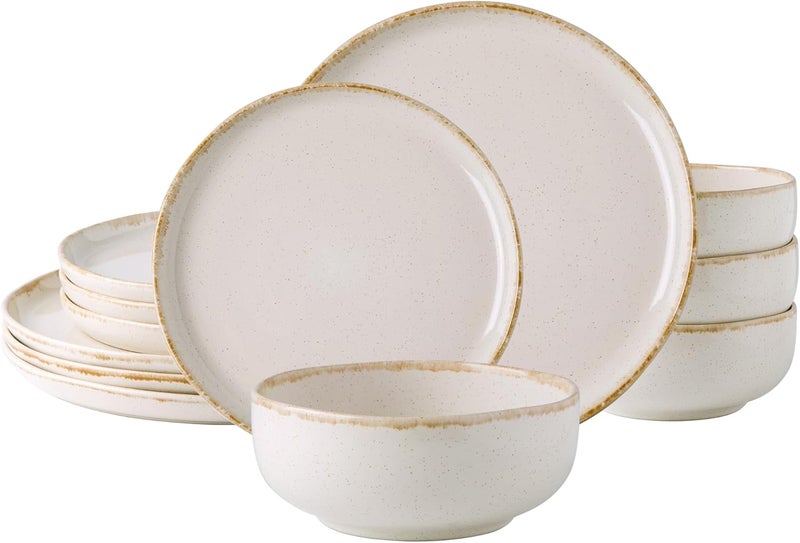 AmorArc Ceramic Dinnerware Sets Wavy Rim Stoneware Plates and Bowls Sets Highly Chip and Crack Resistant  Dishwasher  Microwave Dishes set Service for 4 12pcSpeckled Cappuccino - Image 1