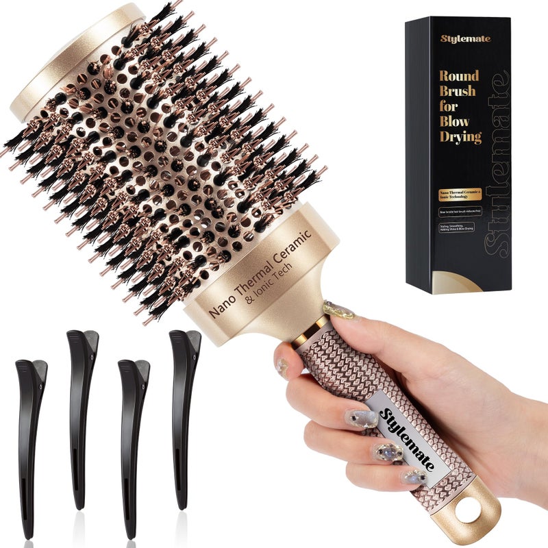 Round Brush for Blow Out Nano Thermal Ceramic  Ionic Tech Round Barrel Roller Hair Brush with Boar Bristles for Blow Drying and Styling 4 Free Clips 4 inch Barrel 27 Inch 65mm