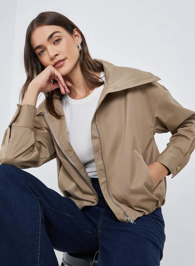 Styli Women Beige Regular Fit Bomber Jacket