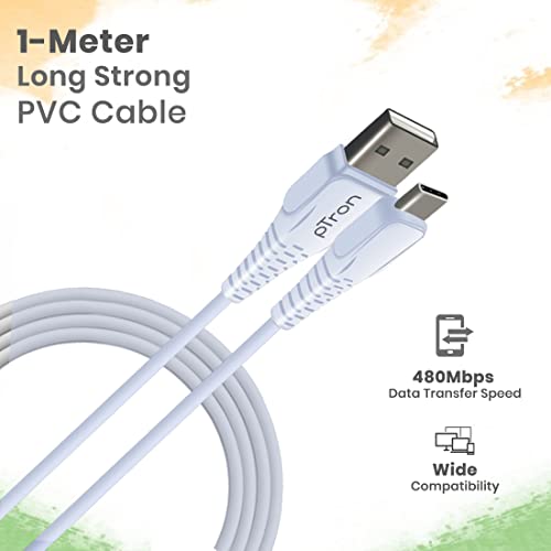 pTron USB-A to Type-C 2.4A Fast Charging Cable compatible with Android Phones/Tablets, 480mbps Data Transfer Speed, Made in India, Solero T241 Tangle-free Type-C USB Cable (Round, 1M, White) - Image 4