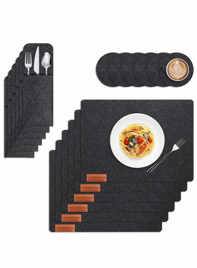 Y&D Felt Placemats Coasters Cutlery Set, Heat-Resistant Non-Slip Table Place Mats for Home and Restaurant Washable Set with 6 Placemats, Coasters, Bags(Deep Grey)  - Image 1