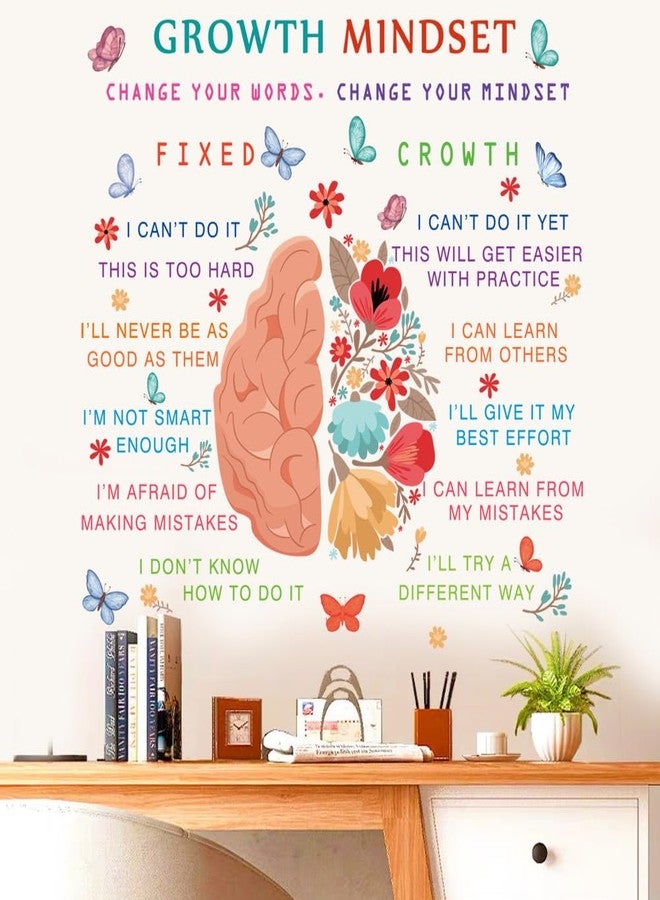 Growth Mindset Brain Wall Decal Motivational Quote Art Sticker Peel and Sticker Vinyl Decor Classroom Teacher Student Classroom Playroom Decor