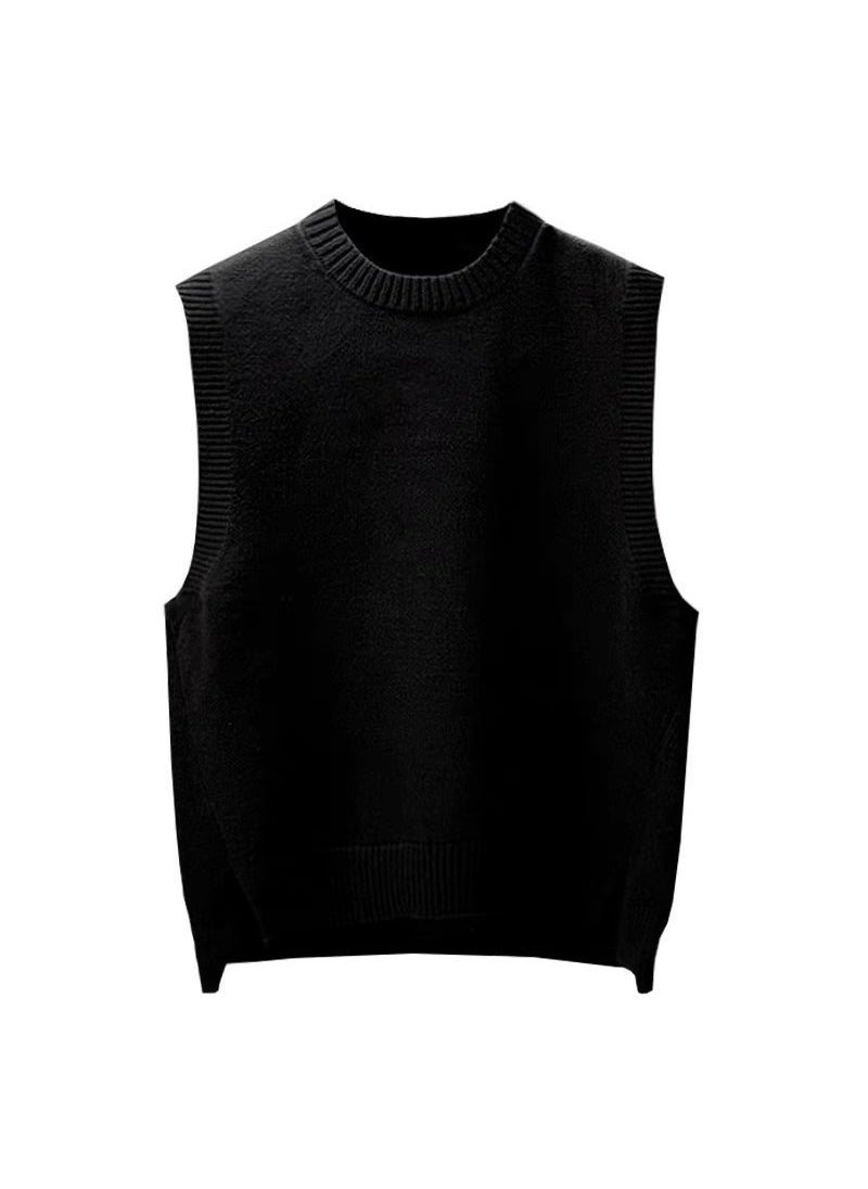 Generic - Simple Artistic Knitted Vest Mens Sleeveless Pullover Casual Vintage Solid Color Round Neck Sweater Vest Black - Image 1