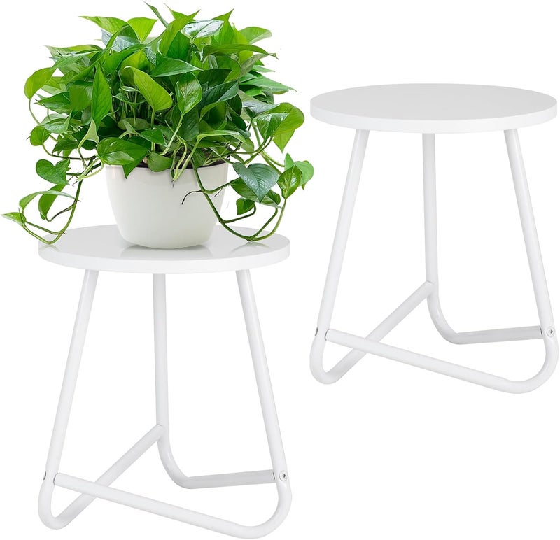 HDANI 35 cm Round Plant Stand, Flower Stand, Set of 2, Plant Shelf Made of Wood and Metal, Modern Shelf for Indoor Plants for Living Room, Balcony and Office, White - Image 1