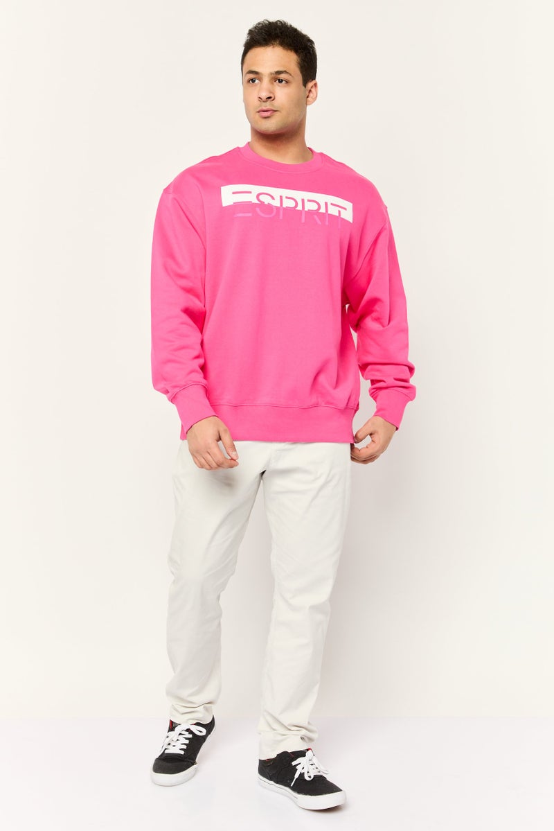 ESPRIT Men Ribbed Collar Long Sleeves Brand Logo Sweatshirts, Dark Pink - Image 3